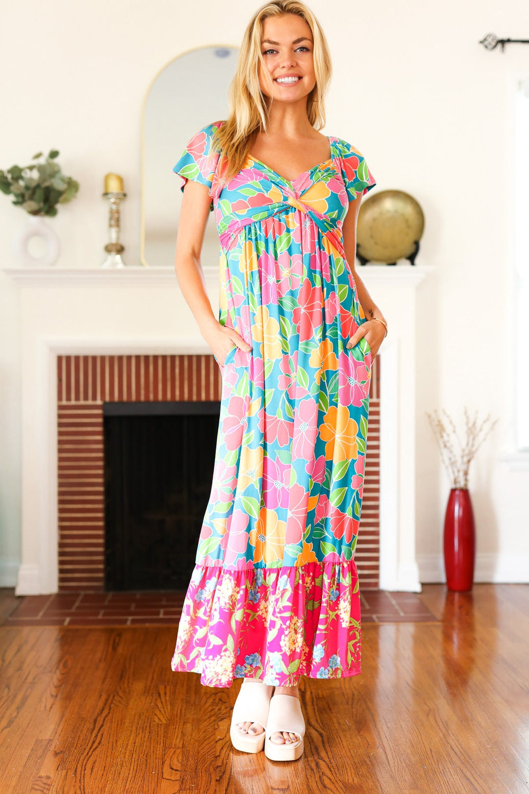 Vacay Vibes Blue Floral Print Sweetheart Twisted Neckline Maxi Dress | Nikki &amp; Co. Boutique
