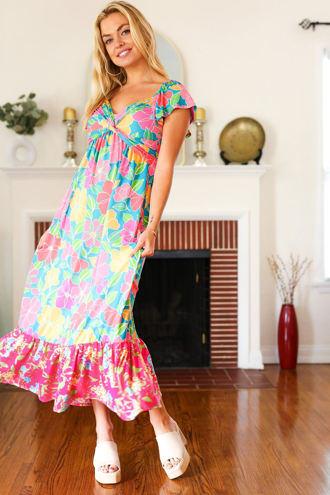 Vacay Vibes Blue Floral Print Sweetheart Twisted Neckline Maxi Dress | Nikki &amp; Co. Boutique