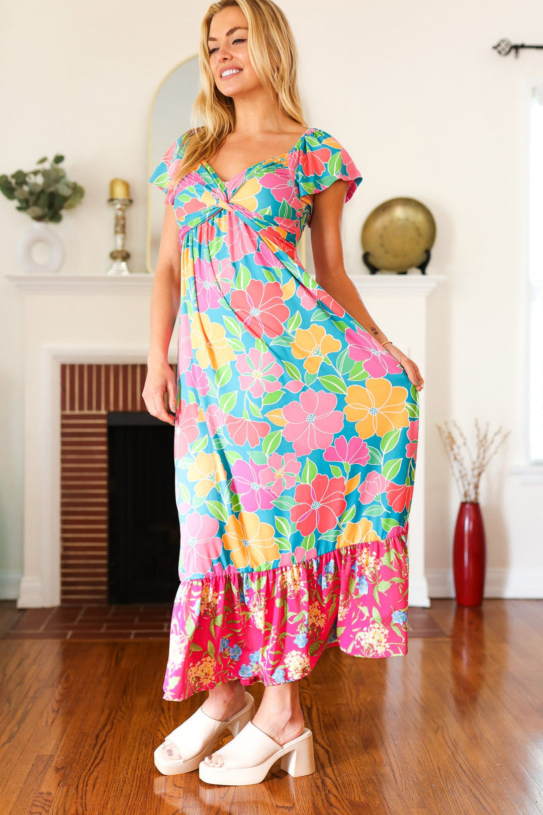 Vacay Vibes Blue Floral Print Sweetheart Twisted Neckline Maxi Dress | Nikki &amp; Co. Boutique