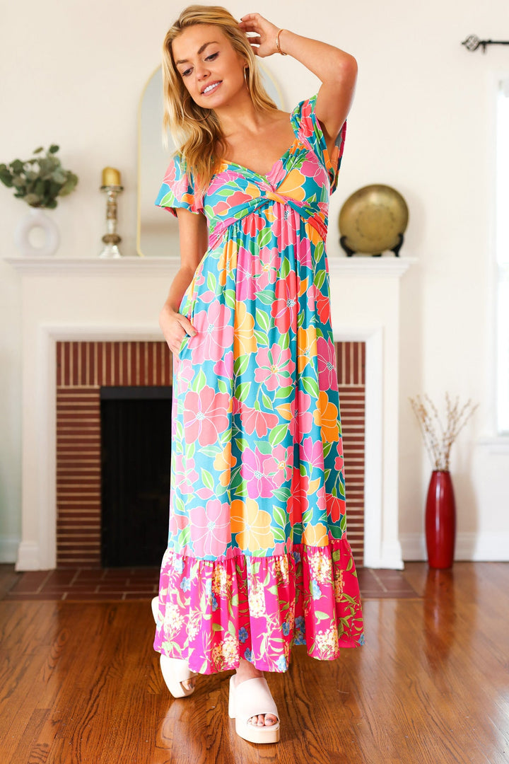 Vacay Vibes Blue Floral Print Sweetheart Twisted Neckline Maxi Dress | Nikki &amp; Co. Boutique