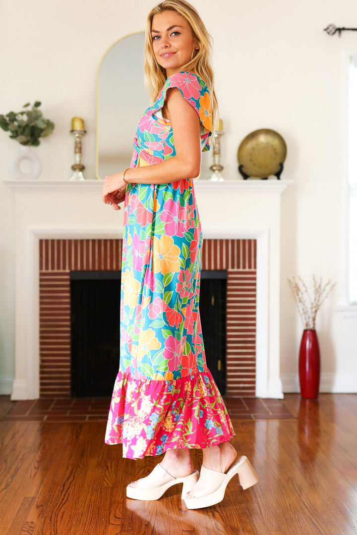 Vacay Vibes Blue Floral Print Sweetheart Twisted Neckline Maxi Dress | Nikki &amp; Co. Boutique