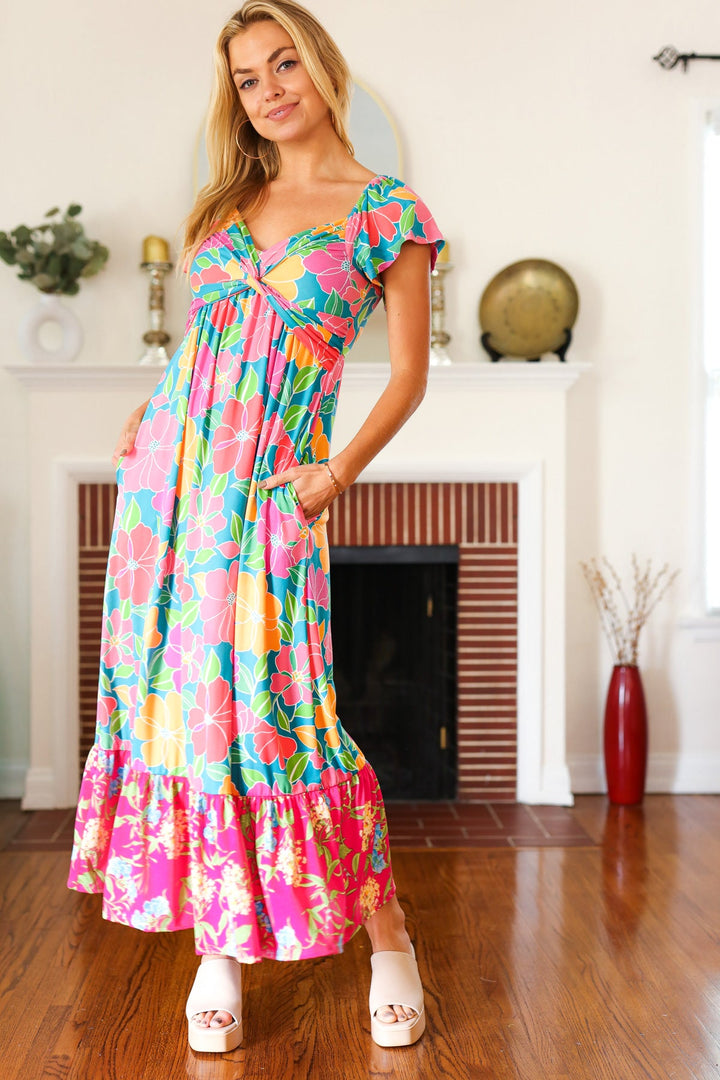 Vacay Vibes Blue Floral Print Sweetheart Twisted Neckline Maxi Dress | Nikki &amp; Co. Boutique