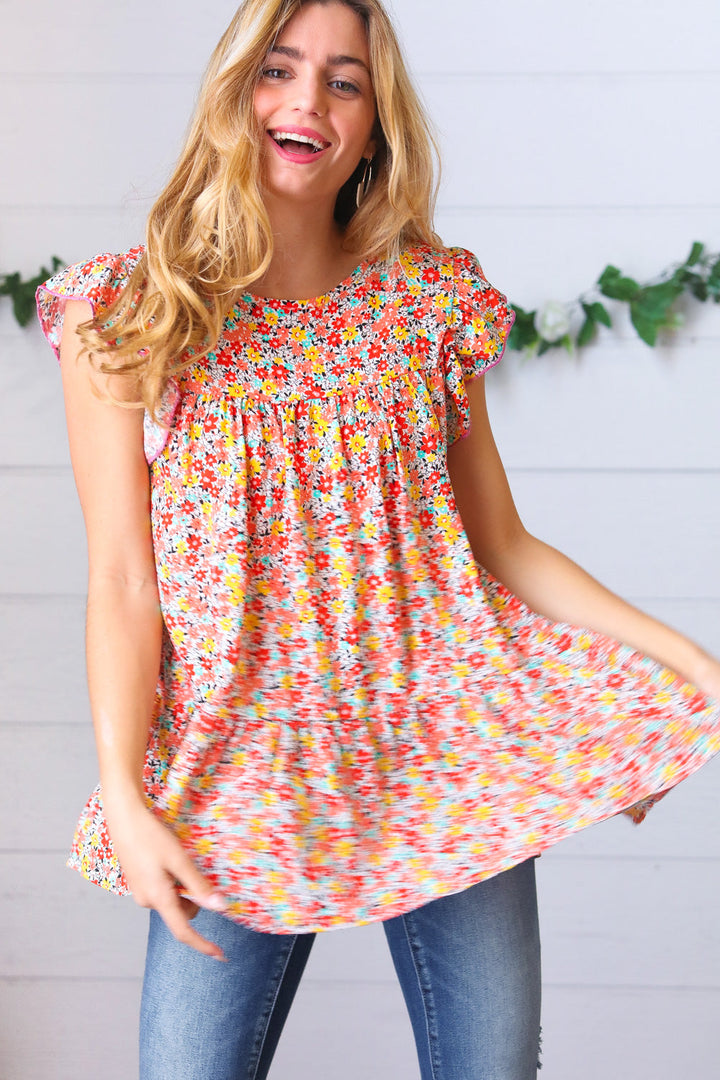SunSets Floral Print Ruffle Tiered Keyhole Tops | Nikki &amp; Co. Boutique