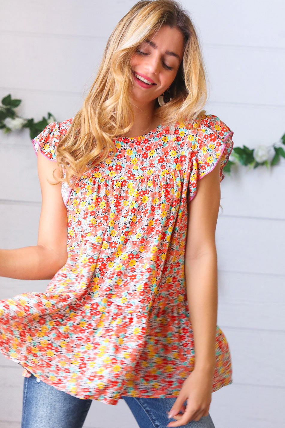 SunSets Floral Print Ruffle Tiered Keyhole Tops | Nikki &amp; Co. Boutique