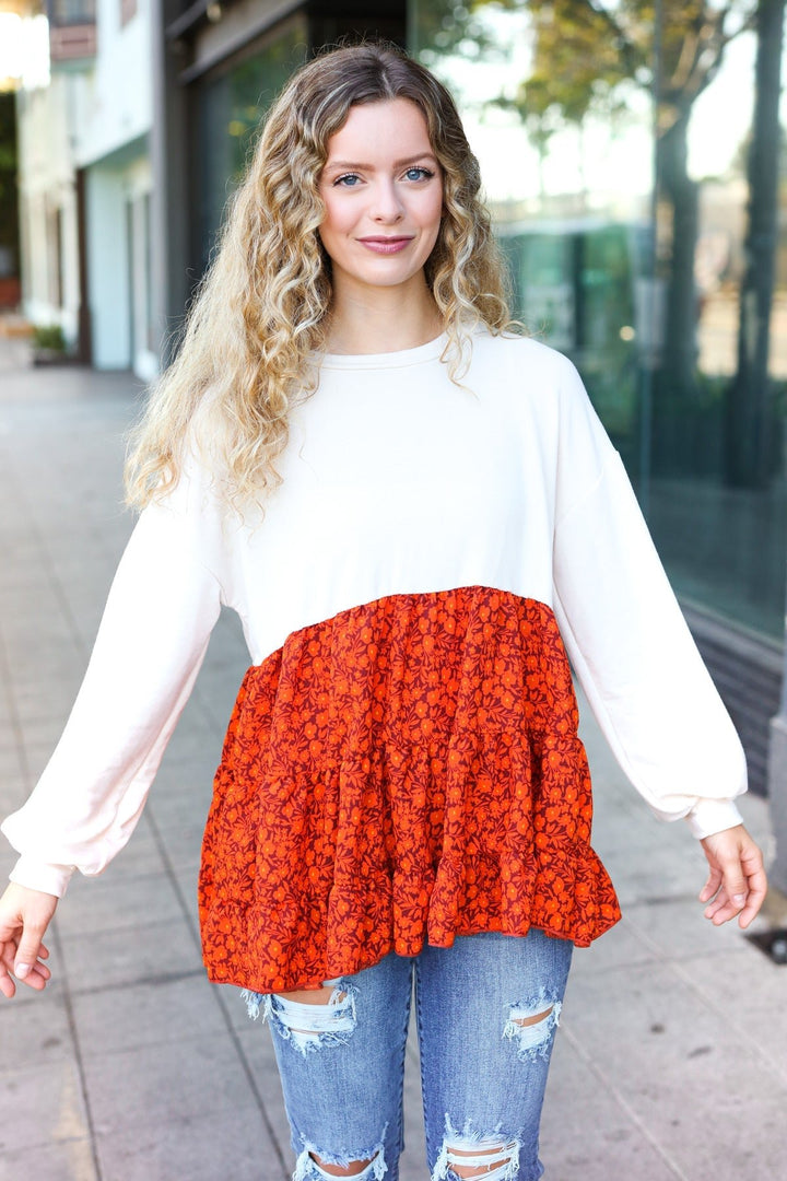 Star Struck Vintage Floral Oatmeal Tiered Babydoll Twofer Top | Nikki &amp; Co. Boutique