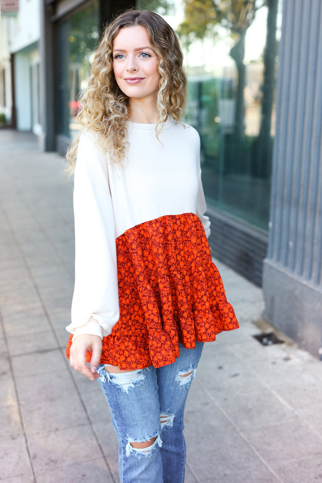 Star Struck Vintage Floral Oatmeal Tiered Babydoll Twofer Top | Nikki &amp; Co. Boutique