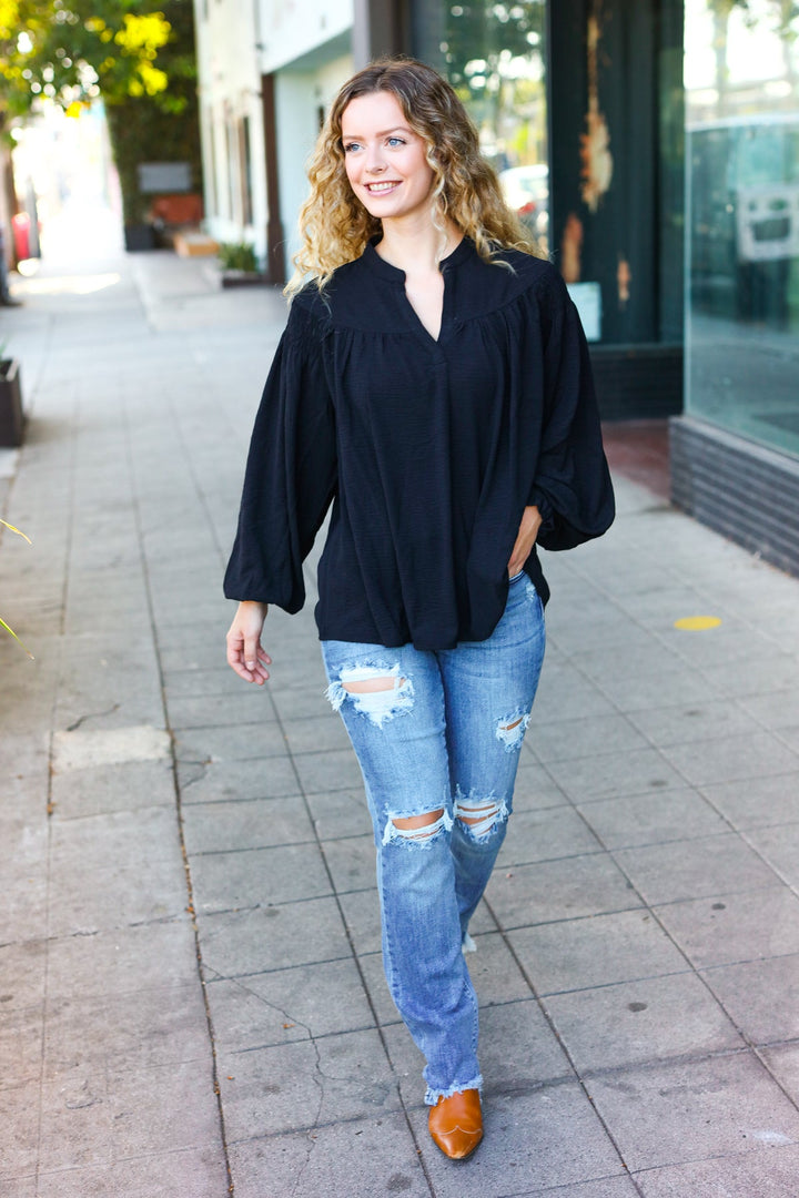 Boho Vibes Black Notched Neck Smocked Bubble Sleeve Tops | Nikki &amp; Co. Boutique