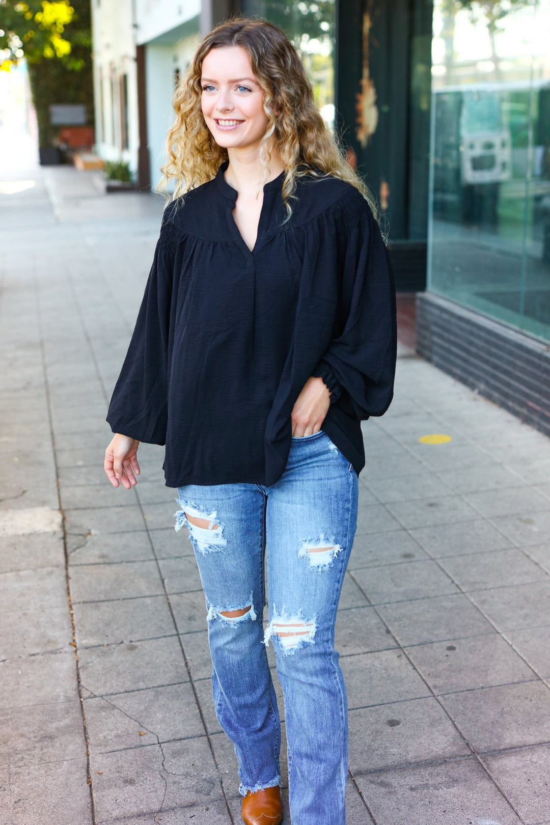Boho Vibes Black Notched Neck Smocked Bubble Sleeve Tops | Nikki &amp; Co. Boutique