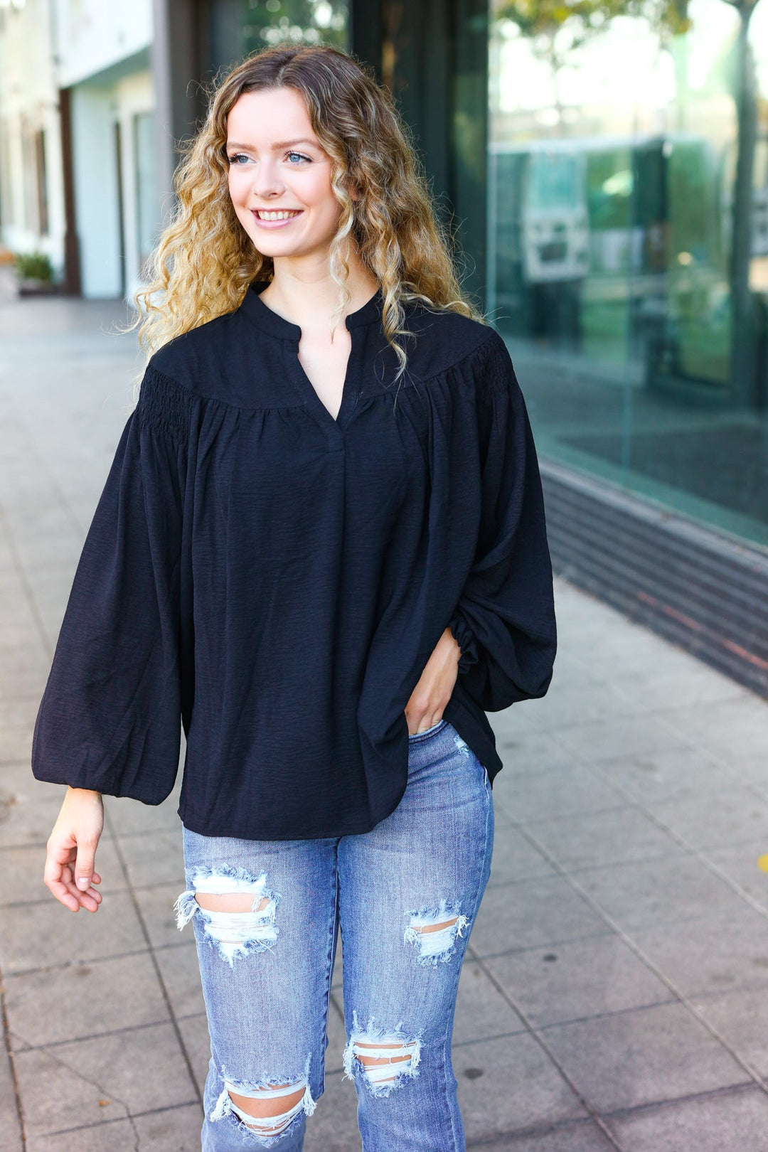 Boho Vibes Black Notched Neck Smocked Bubble Sleeve Tops | Nikki &amp; Co. Boutique