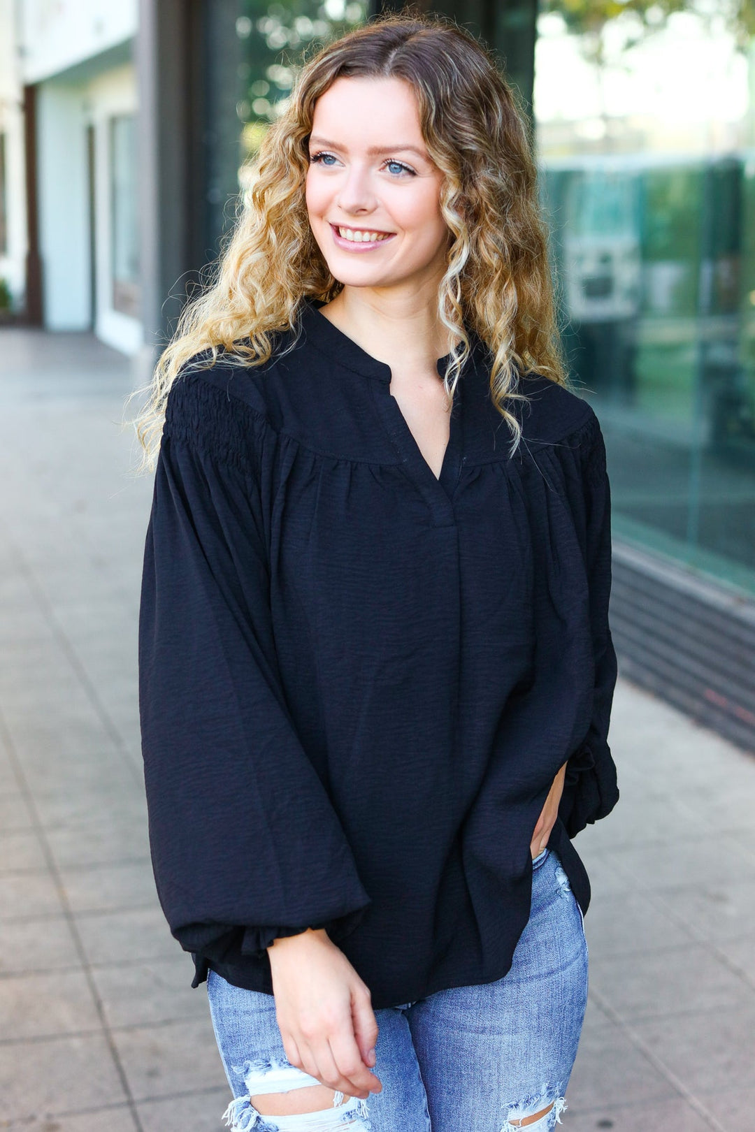 Boho Vibes Black Notched Neck Smocked Bubble Sleeve Tops | Nikki &amp; Co. Boutique
