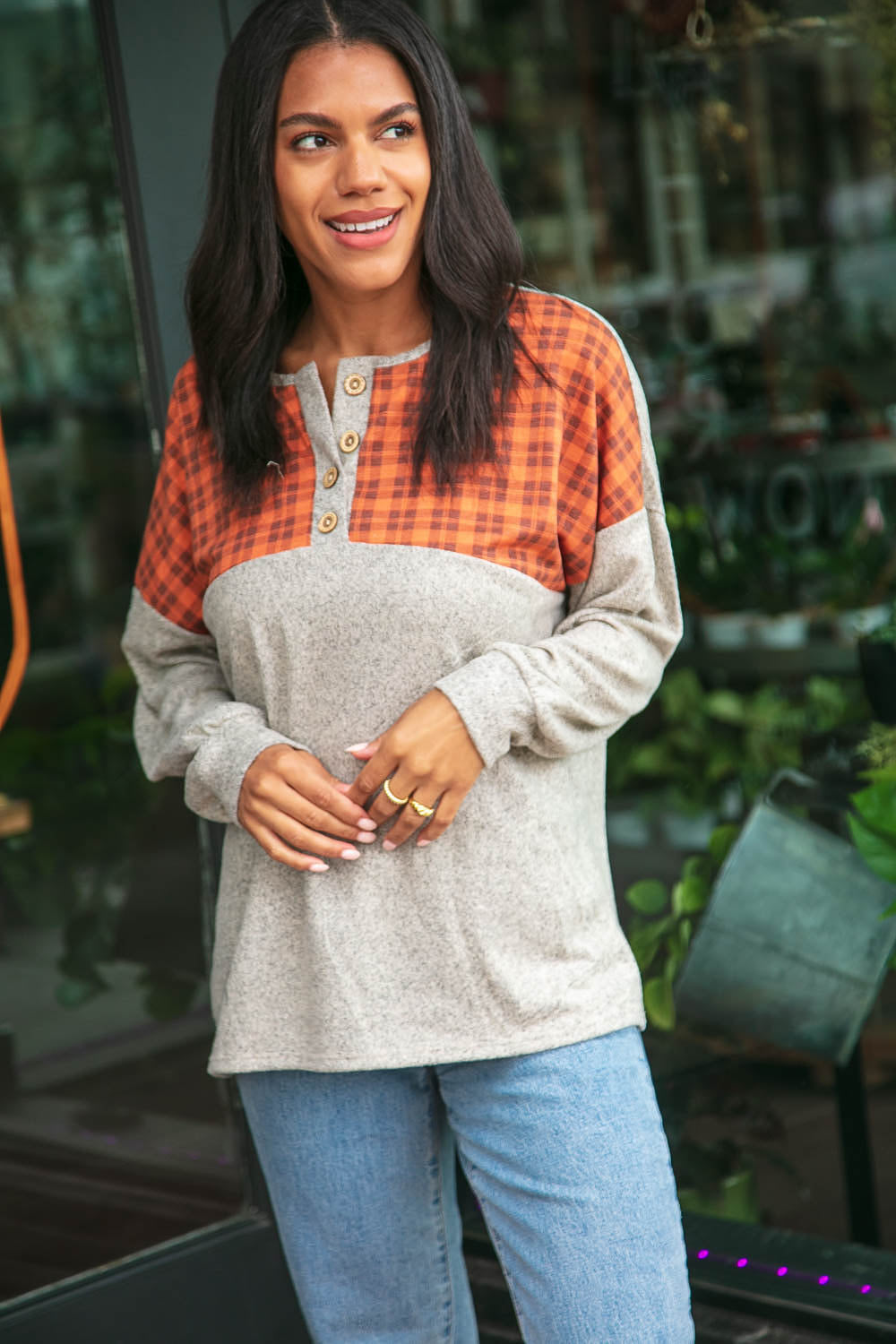 Plaid Cashmere Feel Two Tone Button Down Top | Nikki &amp; Co. Boutique