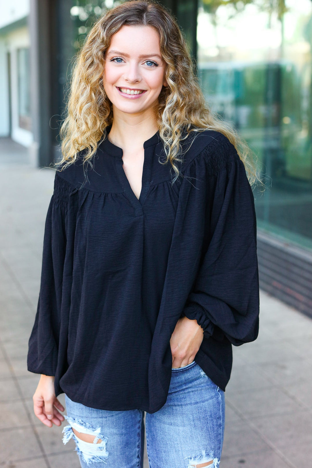 Boho Vibes Black Notched Neck Smocked Bubble Sleeve Tops | Nikki &amp; Co. Boutique