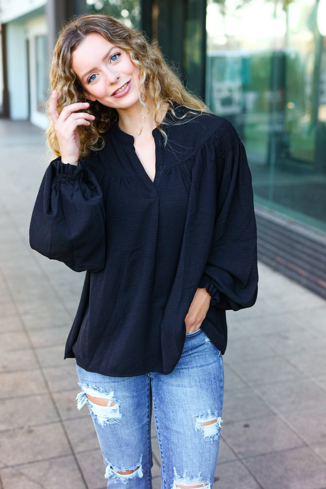 Boho Vibes Black Notched Neck Smocked Bubble Sleeve Tops | Nikki &amp; Co. Boutique