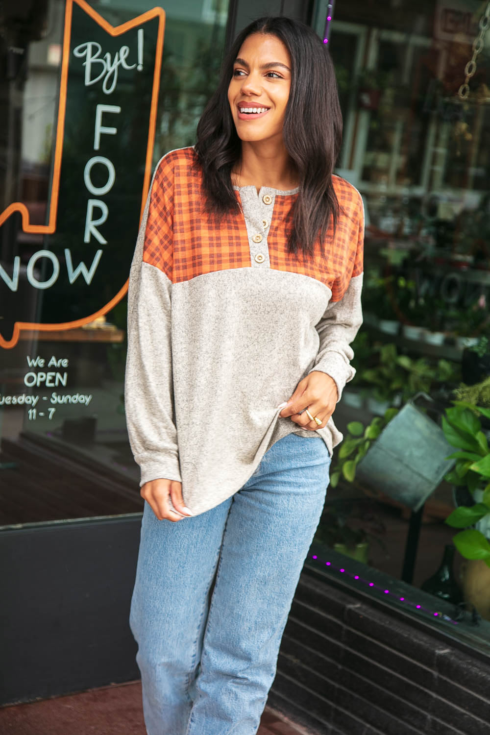 Plaid Cashmere Feel Two Tone Button Down Top | Nikki &amp; Co. Boutique