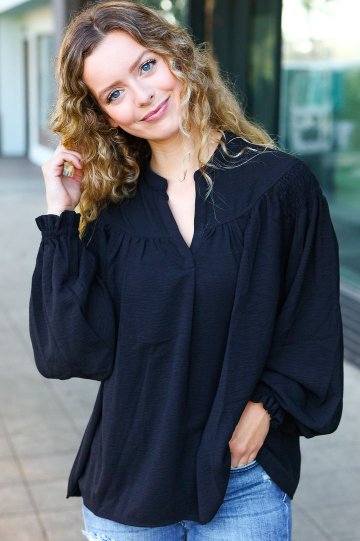 Boho Vibes Black Notched Neck Smocked Bubble Sleeve Tops | Nikki &amp; Co. Boutique