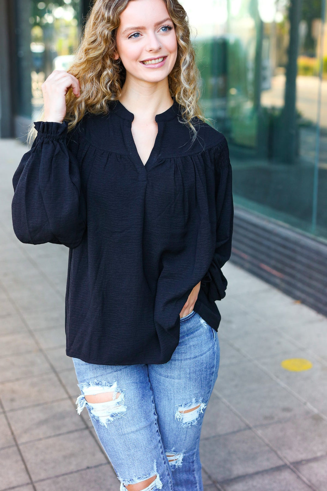 Boho Vibes Black Notched Neck Smocked Bubble Sleeve Tops | Nikki &amp; Co. Boutique