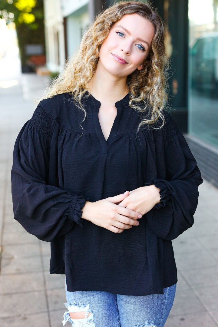 Boho Vibes Black Notched Neck Smocked Bubble Sleeve Tops | Nikki &amp; Co. Boutique