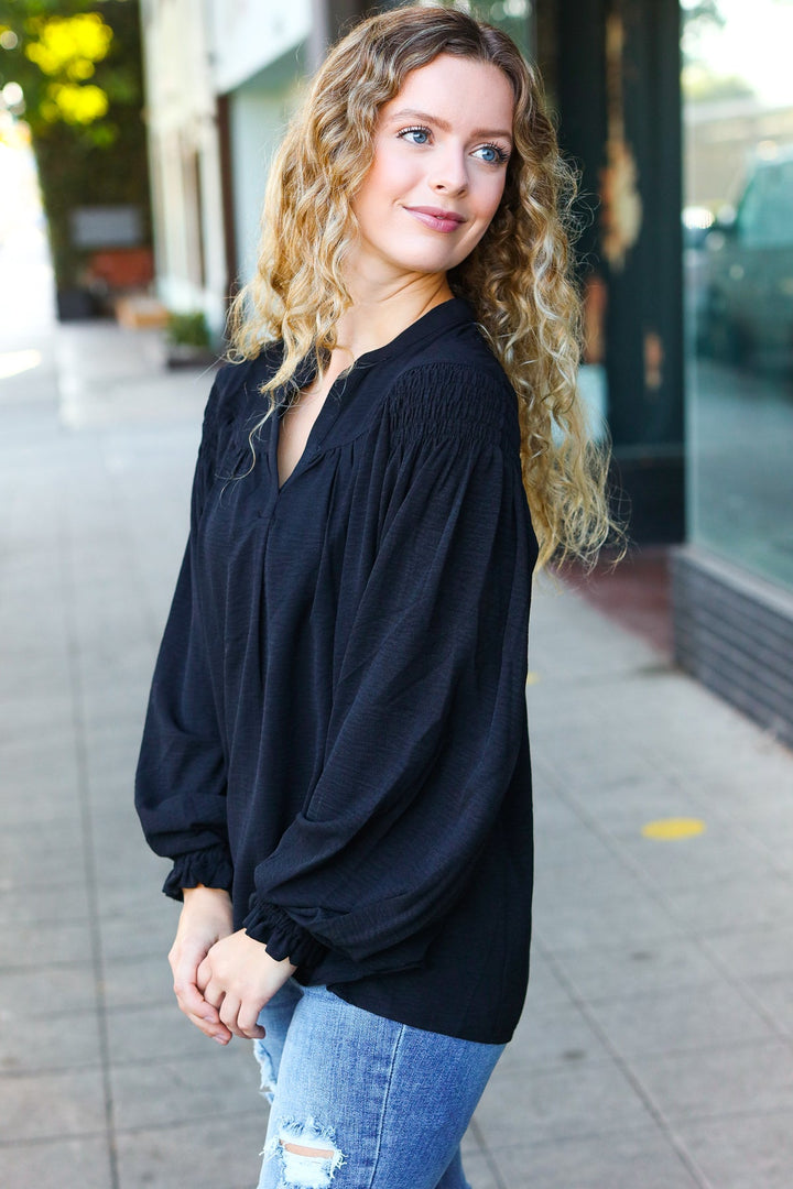 Boho Vibes Black Notched Neck Smocked Bubble Sleeve Tops | Nikki &amp; Co. Boutique
