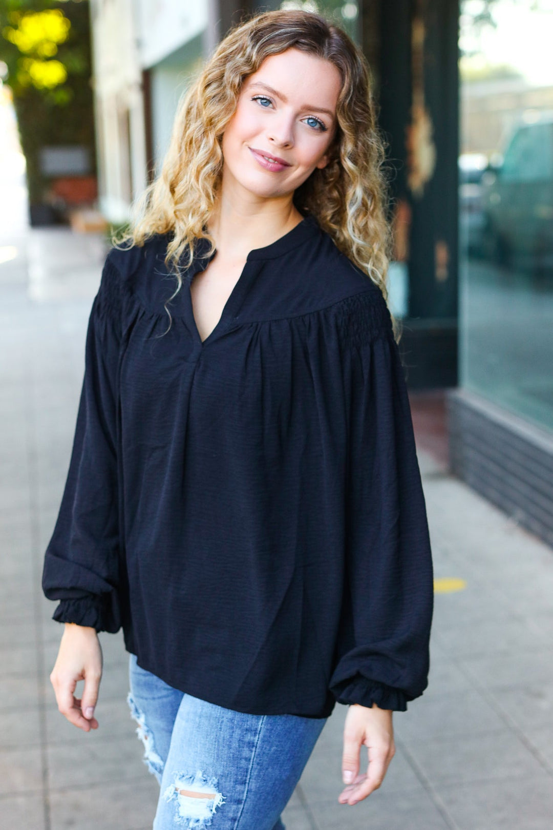 Boho Vibes Black Notched Neck Smocked Bubble Sleeve Tops | Nikki &amp; Co. Boutique