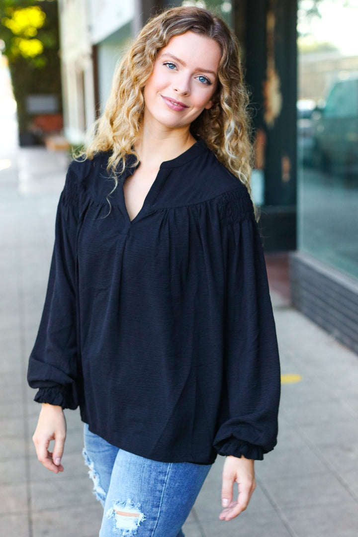 Boho Vibes Black Notched Neck Smocked Bubble Sleeve Tops | Nikki &amp; Co. Boutique