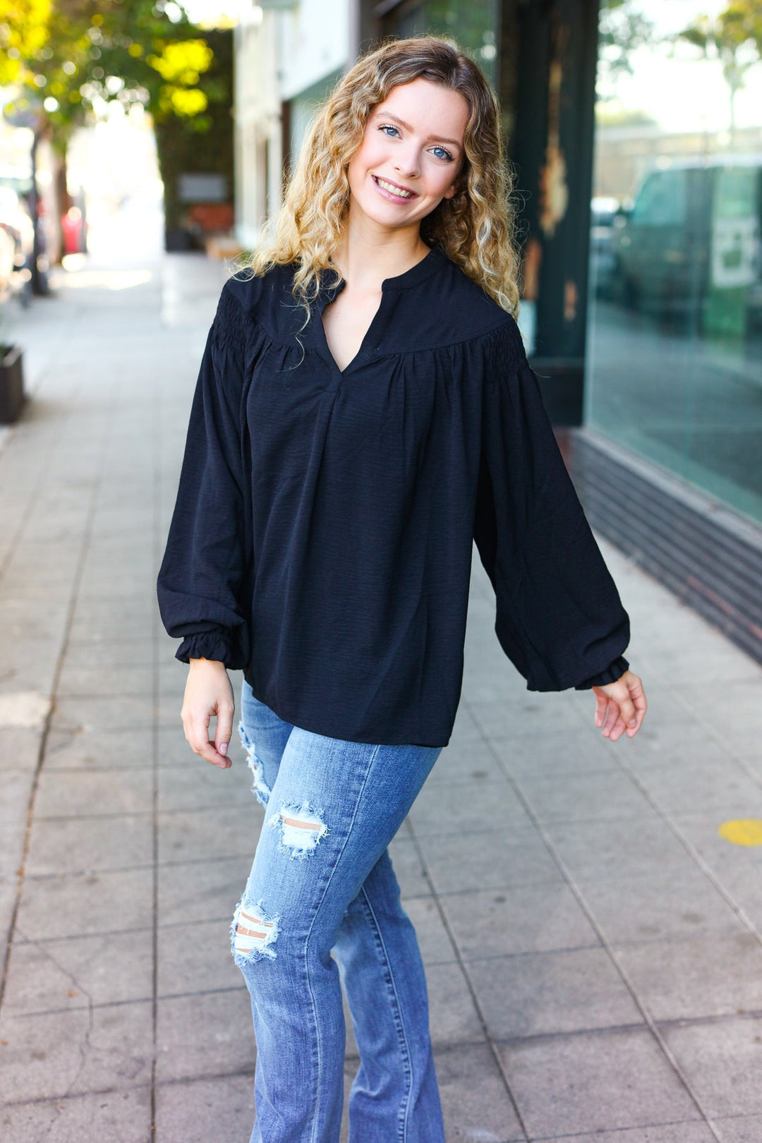 Boho Vibes Black Notched Neck Smocked Bubble Sleeve Tops | Nikki &amp; Co. Boutique