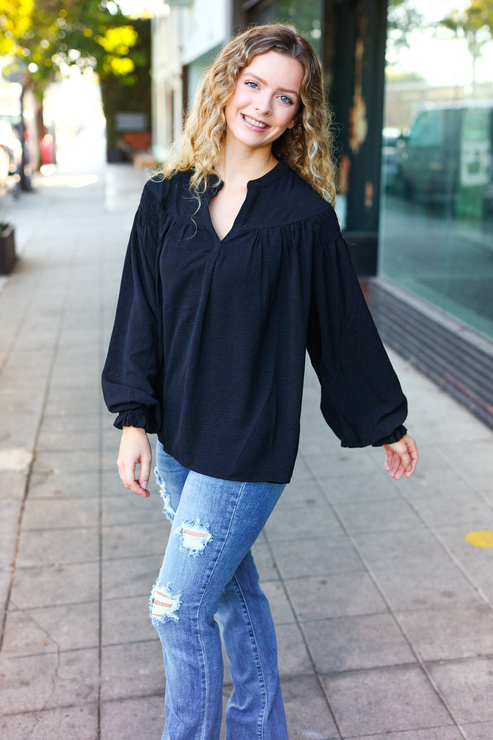 Boho Vibes Black Notched Neck Smocked Bubble Sleeve Tops | Nikki &amp; Co. Boutique