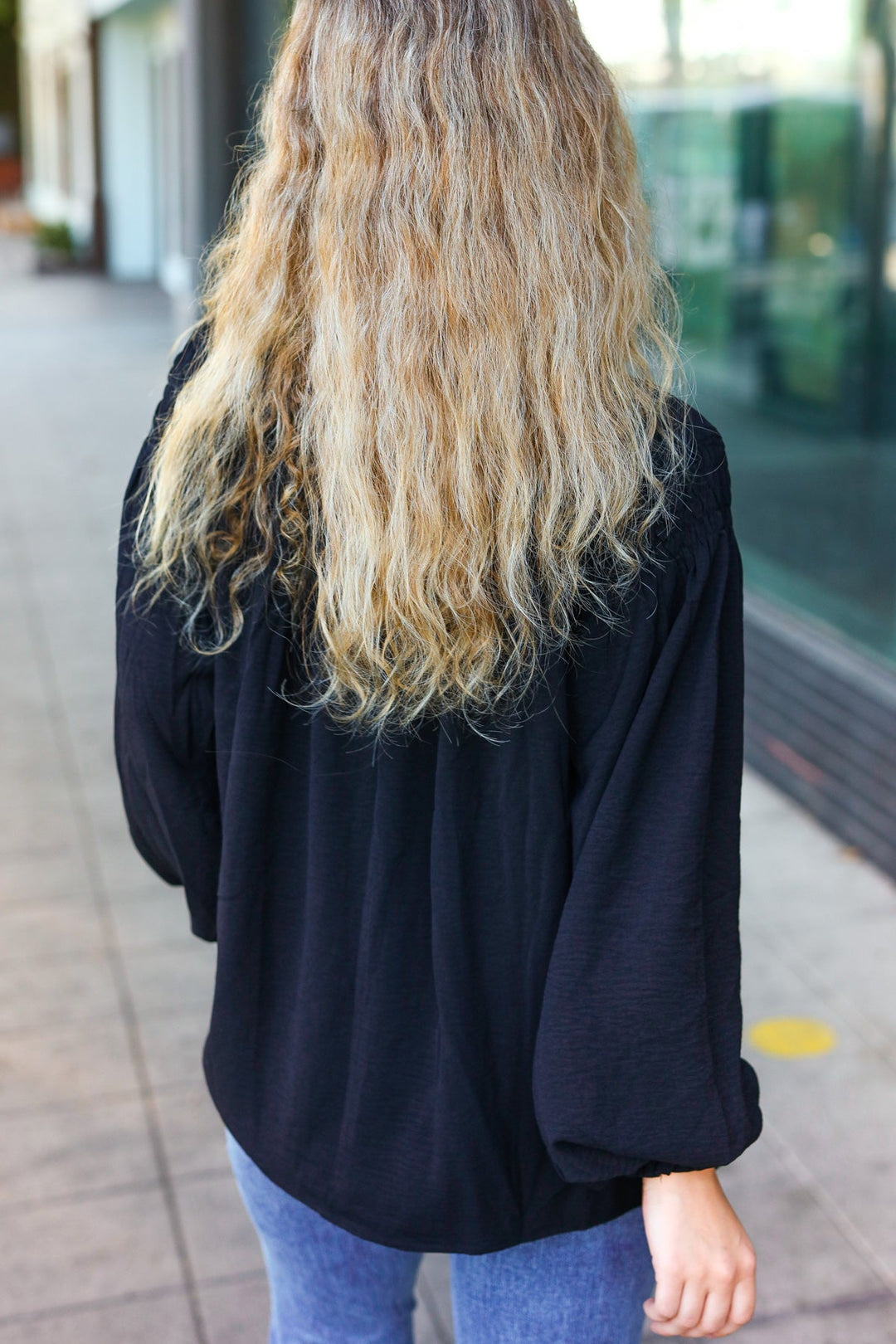 Boho Vibes Black Notched Neck Smocked Bubble Sleeve Tops | Nikki &amp; Co. Boutique
