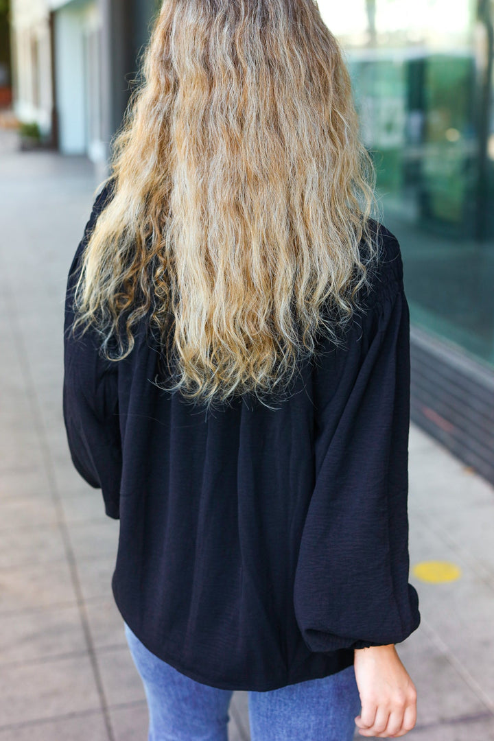 Boho Vibes Black Notched Neck Smocked Bubble Sleeve Tops | Nikki &amp; Co. Boutique