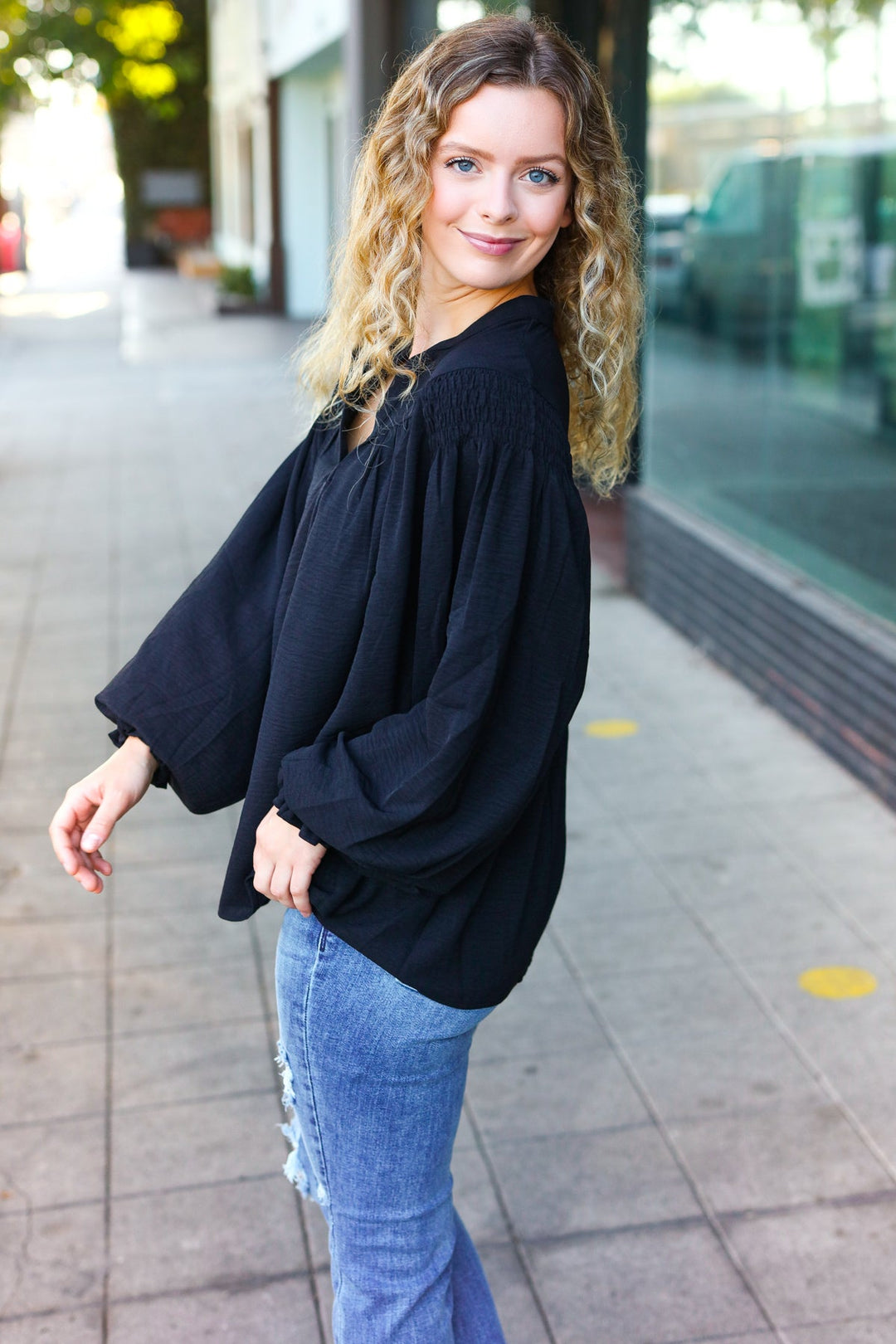 Boho Vibes Black Notched Neck Smocked Bubble Sleeve Tops | Nikki &amp; Co. Boutique