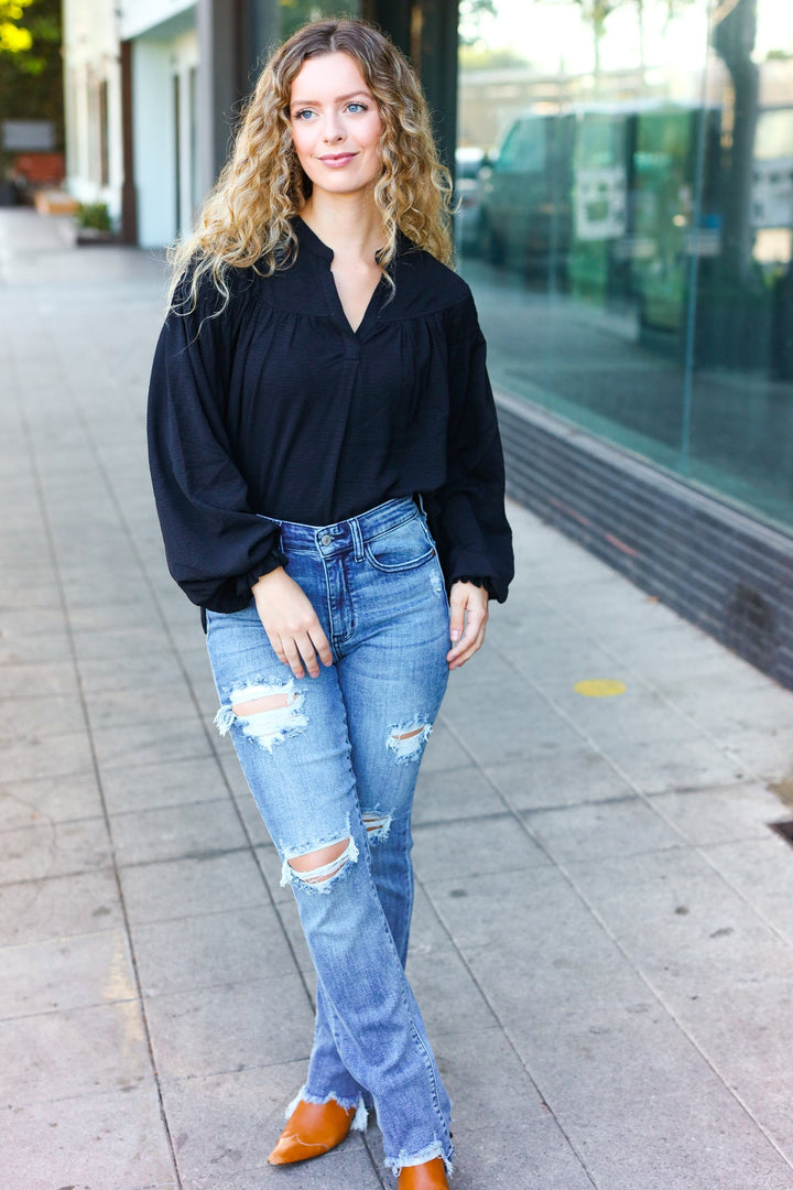 Boho Vibes Black Notched Neck Smocked Bubble Sleeve Tops | Nikki &amp; Co. Boutique