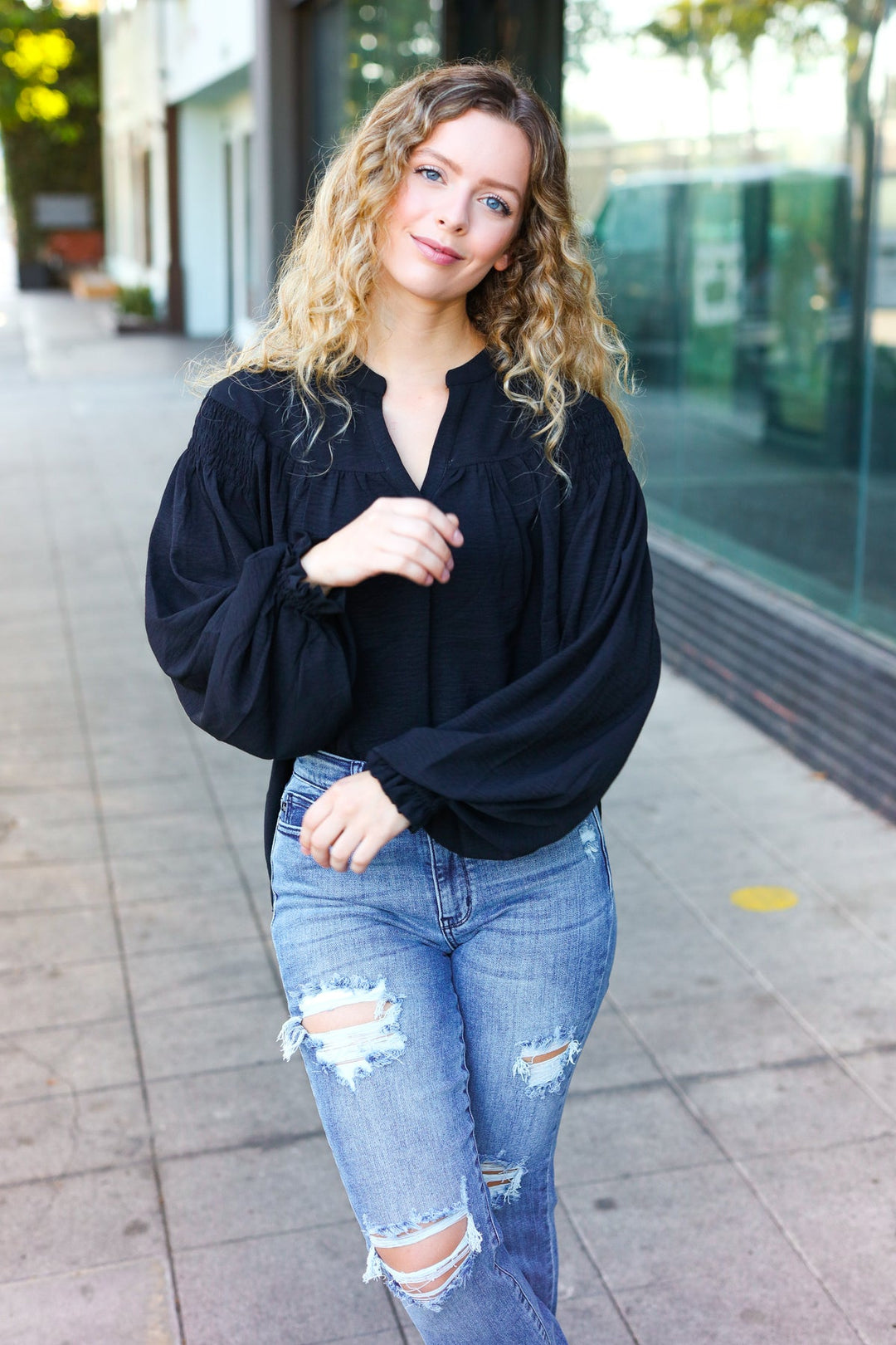 Boho Vibes Black Notched Neck Smocked Bubble Sleeve Tops | Nikki &amp; Co. Boutique