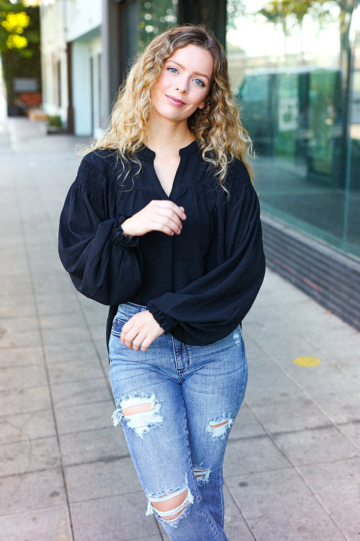 Boho Vibes Black Notched Neck Smocked Bubble Sleeve Tops | Nikki &amp; Co. Boutique