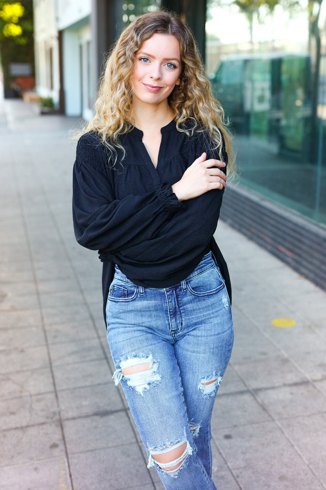 Boho Vibes Black Notched Neck Smocked Bubble Sleeve Tops | Nikki &amp; Co. Boutique