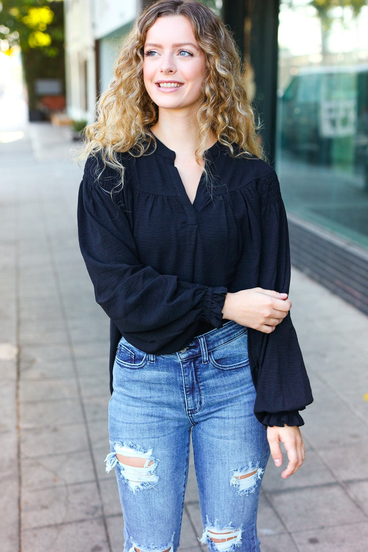 Boho Vibes Black Notched Neck Smocked Bubble Sleeve Tops | Nikki &amp; Co. Boutique