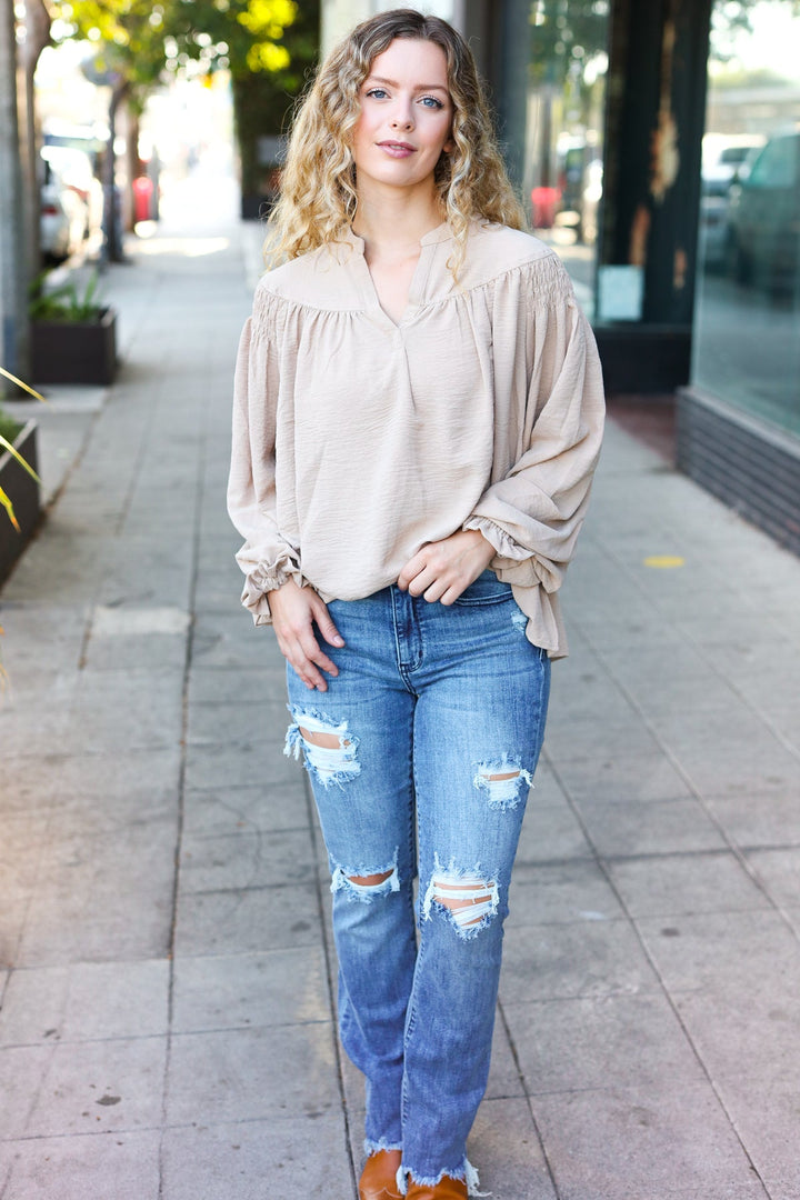 Boho Vibes Taupe Notched Neck Smocked Bubble Sleeve Tops | Nikki &amp; Co. Boutique
