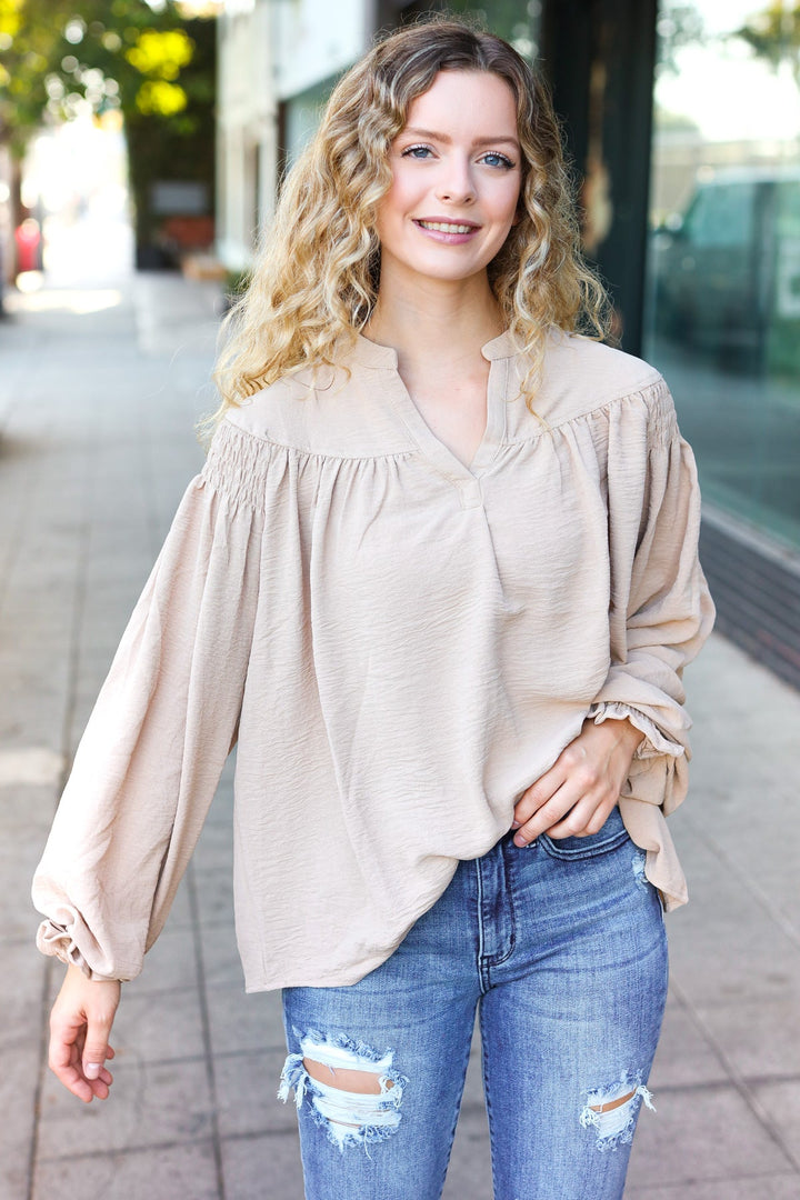 Boho Vibes Taupe Notched Neck Smocked Bubble Sleeve Tops | Nikki &amp; Co. Boutique