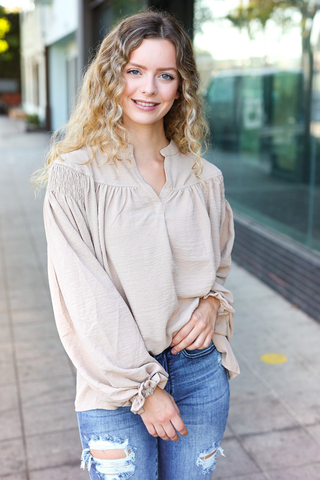 Boho Vibes Taupe Notched Neck Smocked Bubble Sleeve Tops | Nikki &amp; Co. Boutique