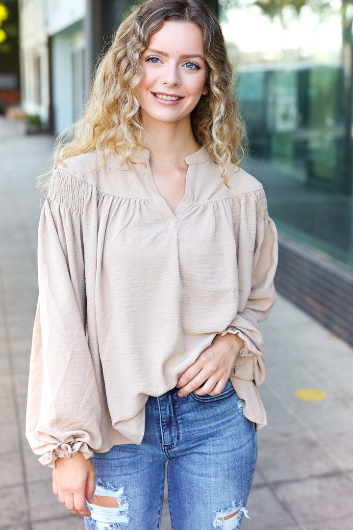 Boho Vibes Taupe Notched Neck Smocked Bubble Sleeve Tops | Nikki &amp; Co. Boutique