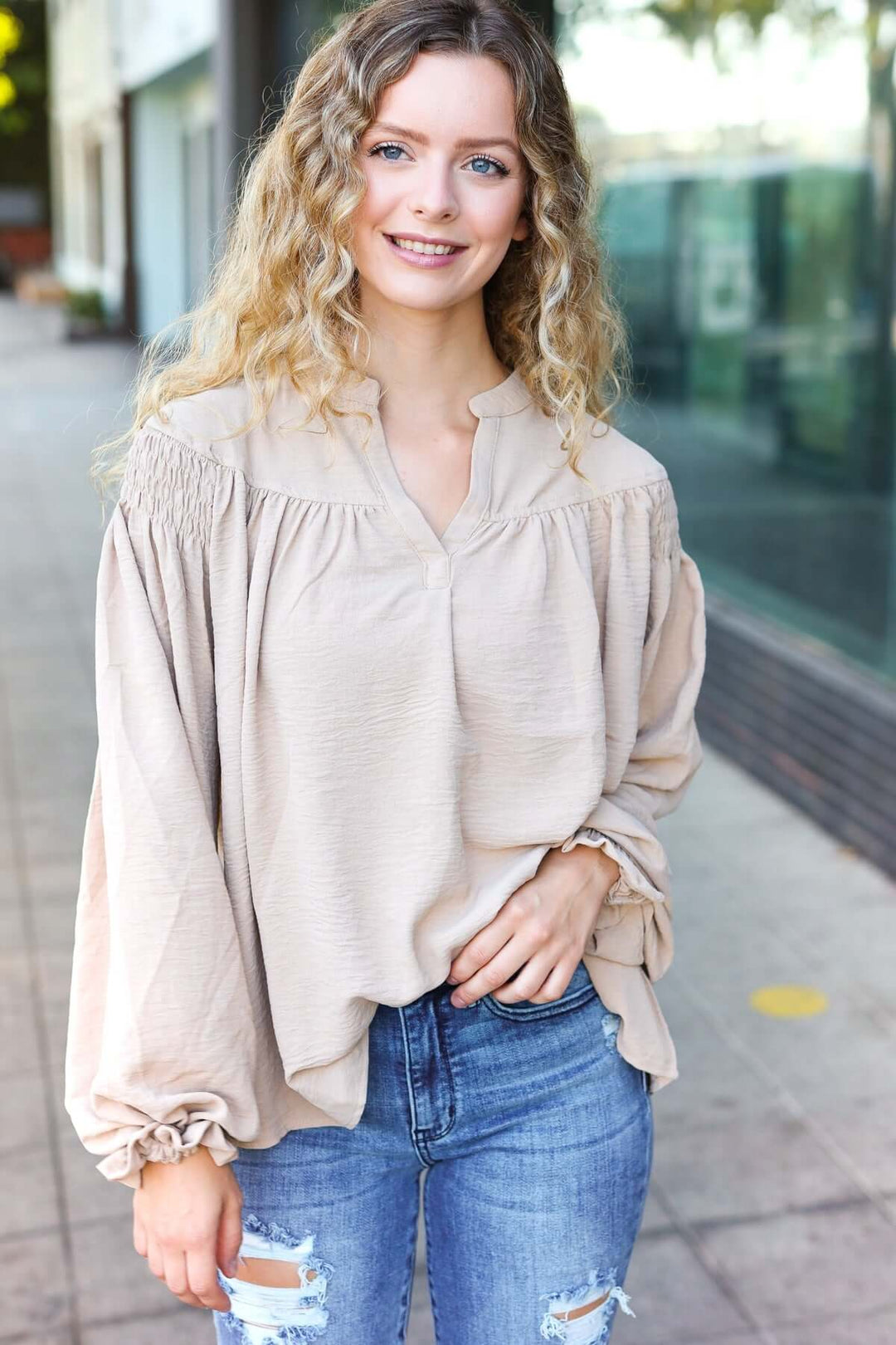 Boho Vibes Taupe Notched Neck Smocked Bubble Sleeve Top - Nikki &amp; Co. Boutique