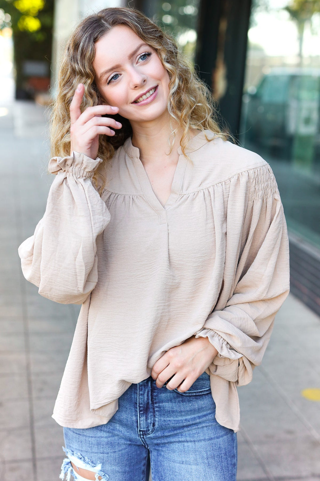 Boho Vibes Taupe Notched Neck Smocked Bubble Sleeve Tops | Nikki &amp; Co. Boutique