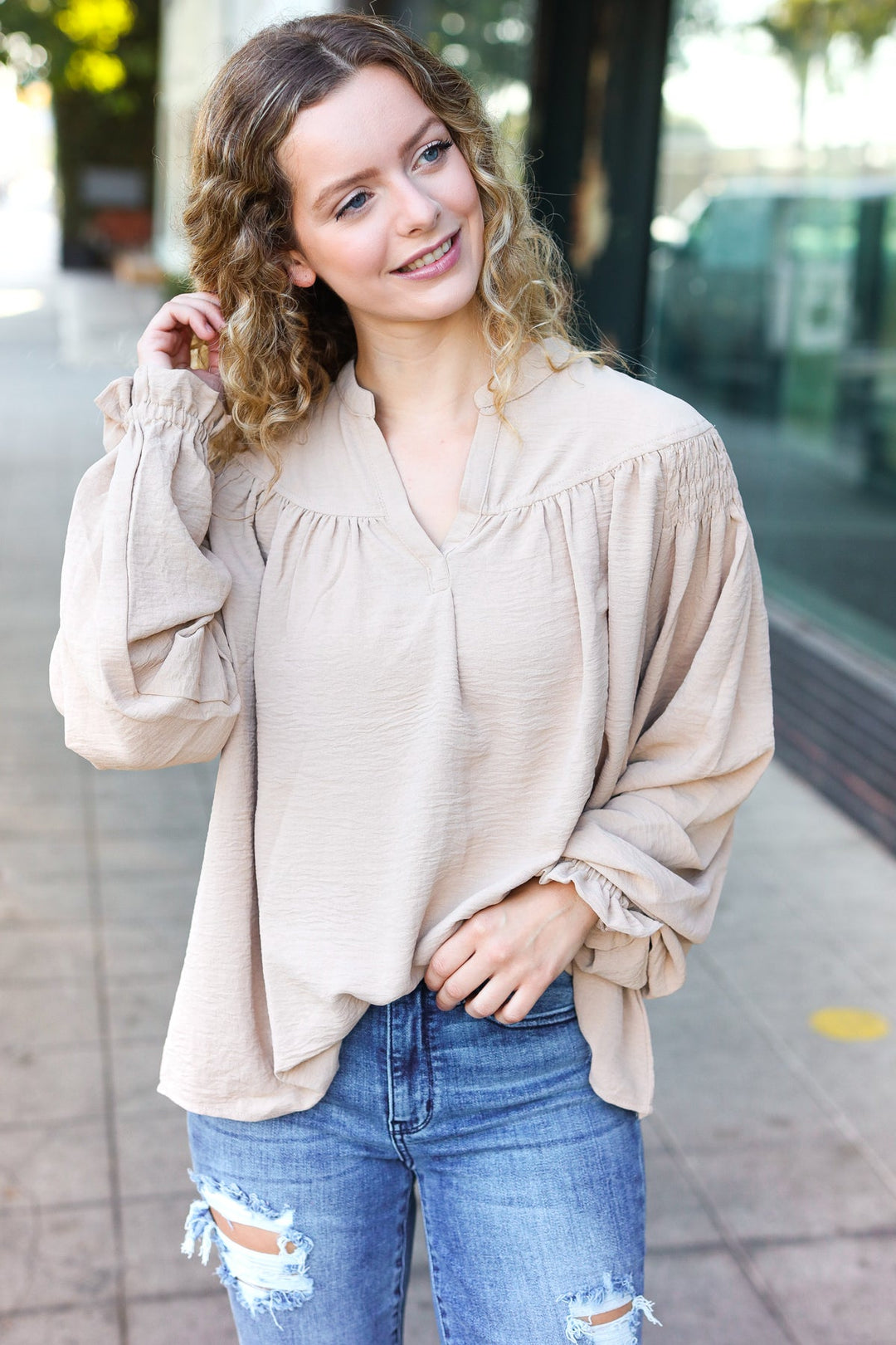 Boho Vibes Taupe Notched Neck Smocked Bubble Sleeve Tops | Nikki &amp; Co. Boutique