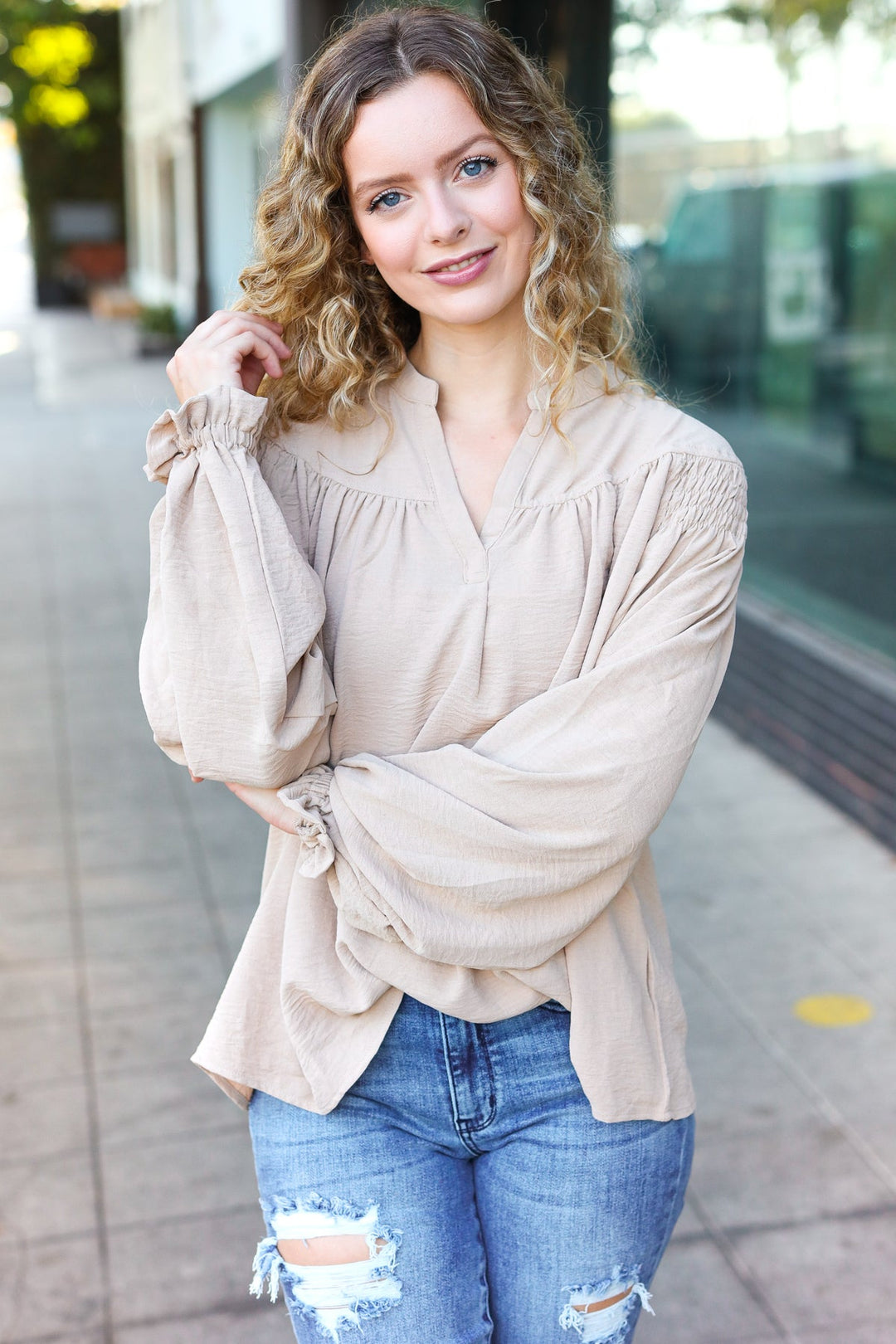 Boho Vibes Taupe Notched Neck Smocked Bubble Sleeve Tops | Nikki &amp; Co. Boutique
