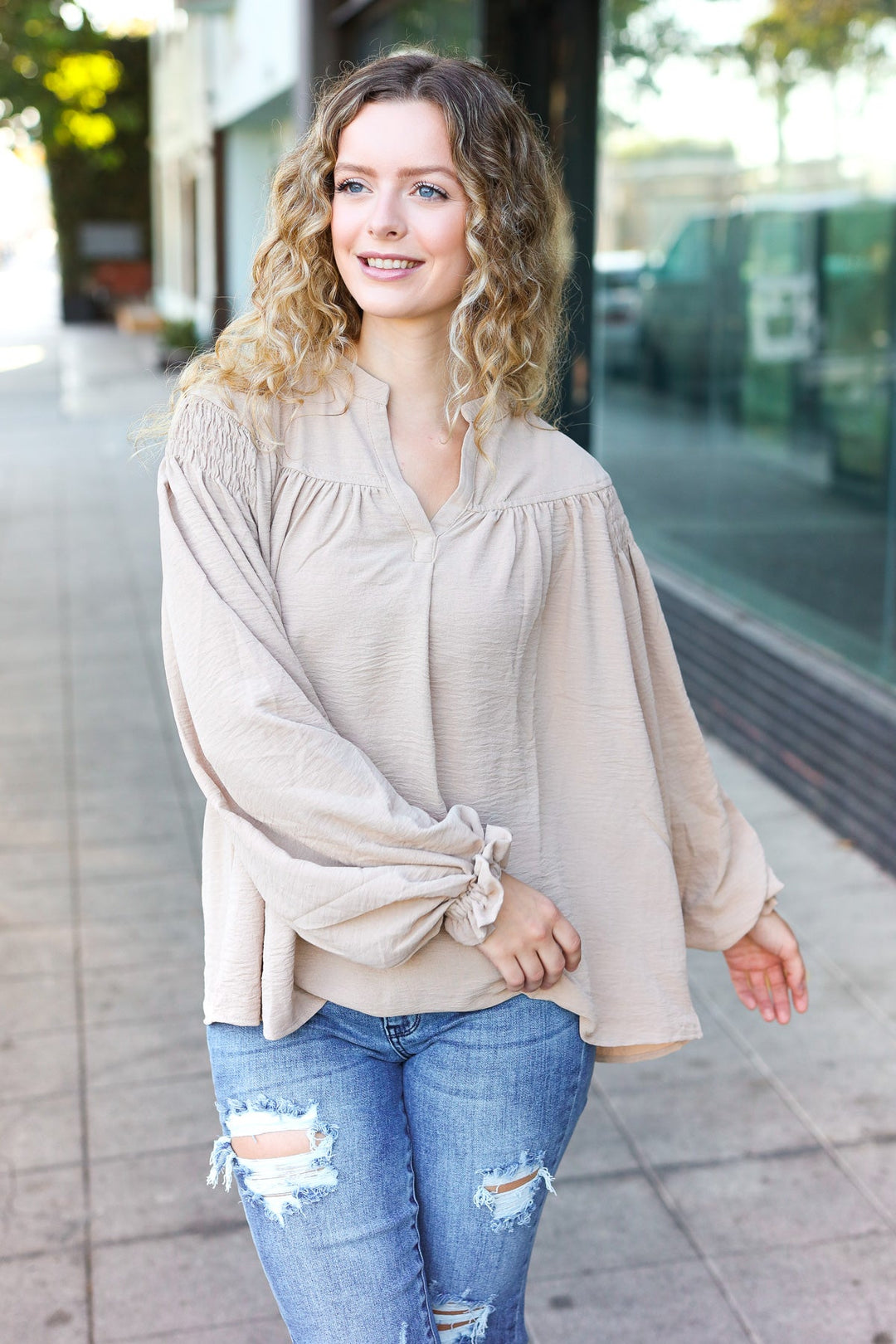 Boho Vibes Taupe Notched Neck Smocked Bubble Sleeve Tops | Nikki &amp; Co. Boutique
