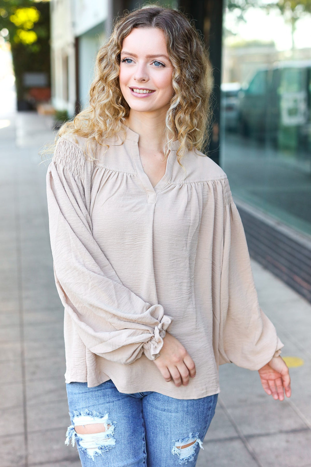Boho Vibes Taupe Notched Neck Smocked Bubble Sleeve Tops | Nikki &amp; Co. Boutique