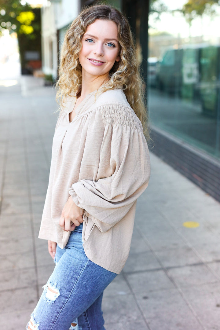 Boho Vibes Taupe Notched Neck Smocked Bubble Sleeve Tops | Nikki &amp; Co. Boutique