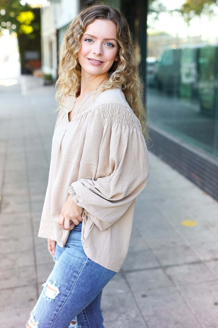 Boho Vibes Taupe Notched Neck Smocked Bubble Sleeve Top - Nikki &amp; Co. Boutique