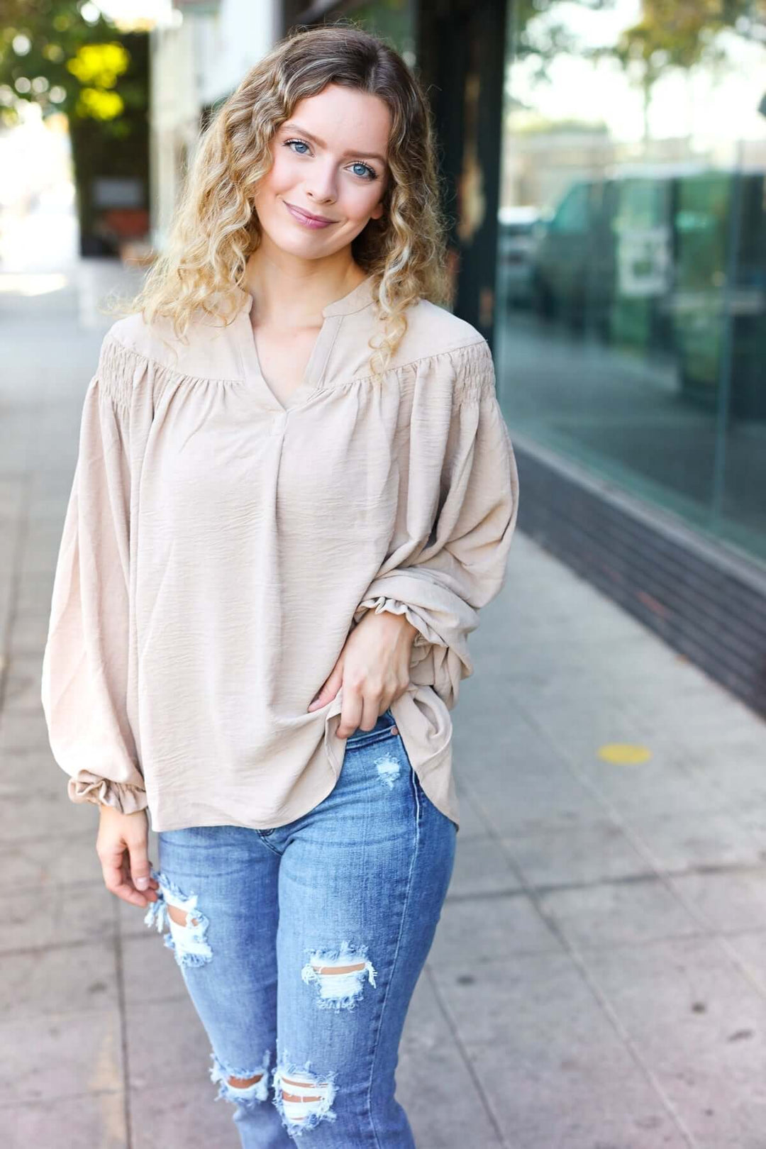 Boho Vibes Taupe Notched Neck Smocked Bubble Sleeve Top - Nikki &amp; Co. Boutique
