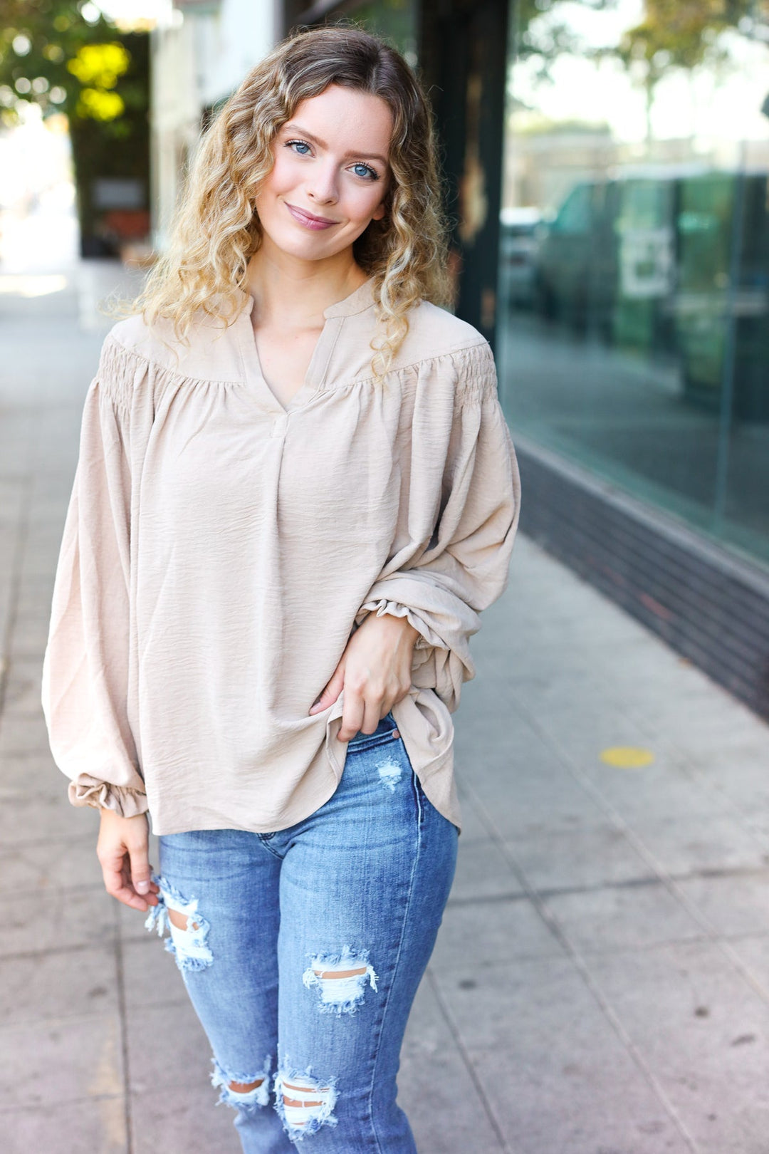 Boho Vibes Taupe Notched Neck Smocked Bubble Sleeve Tops | Nikki &amp; Co. Boutique