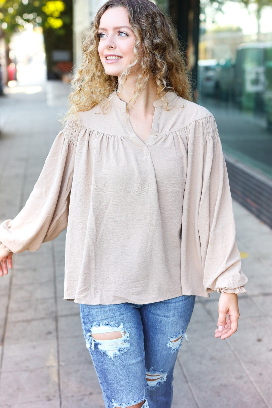 Boho Vibes Taupe Notched Neck Smocked Bubble Sleeve Tops | Nikki &amp; Co. Boutique