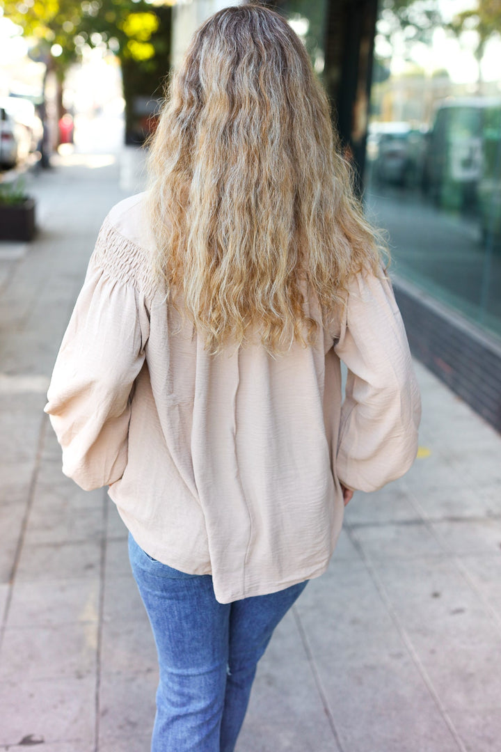 Boho Vibes Taupe Notched Neck Smocked Bubble Sleeve Tops | Nikki &amp; Co. Boutique